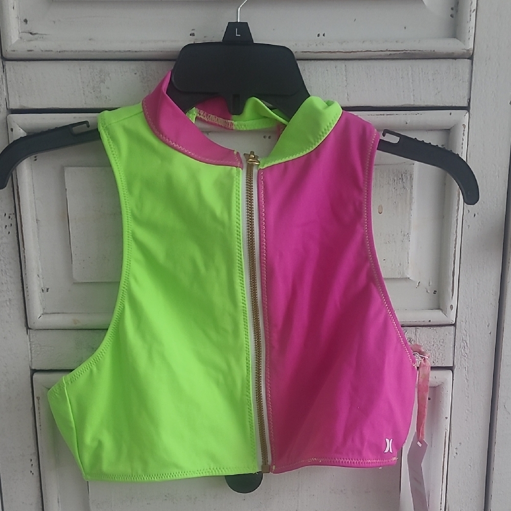 Love Shack Fancy Hurley Neon Green and Pink Zip-Up Crop Top